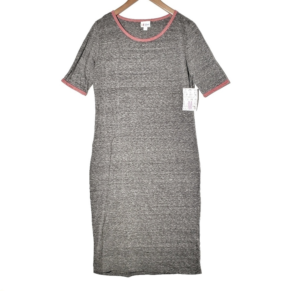 NEW Lularoe Heathered Julia Midi Dress Ringer M Grey Pink NWT